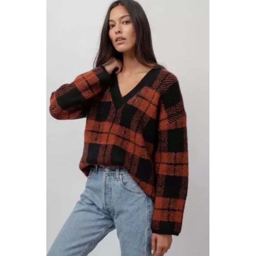 Rails Rust/Black Plaid‎ Colleen Pullover Sweater Size Medium Wool Blend Jacquard